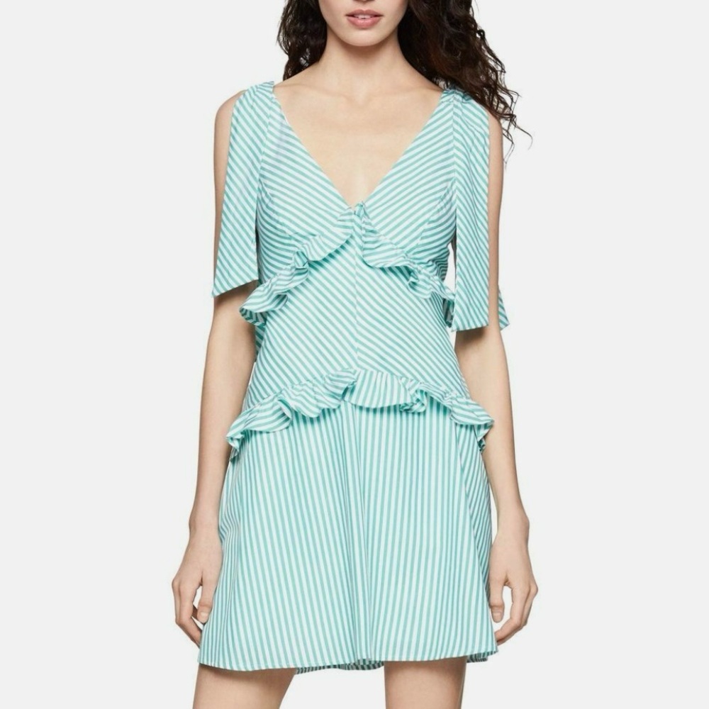BCBG Tie Shoulder Mini Dress, Size 0, Jade Green, Women's Ruffle Coquette NWOT